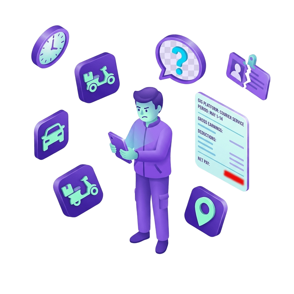 A gig worker looking at their phone, surrounded by disconnected app icons and a blurred pay stub